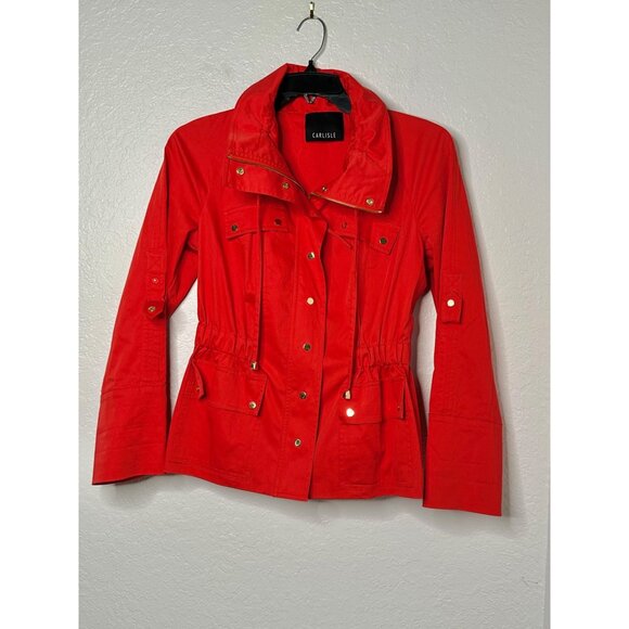 Carlisle Women’s Stretch Red Jacket Roll Tab Sleeve Full Zipper Snap Buttons Sz - Picture 1 of 7